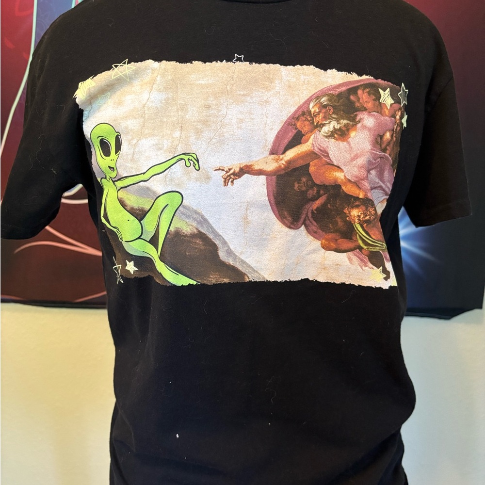 Black Graphic Tee with Green Alien and Renaissance Print